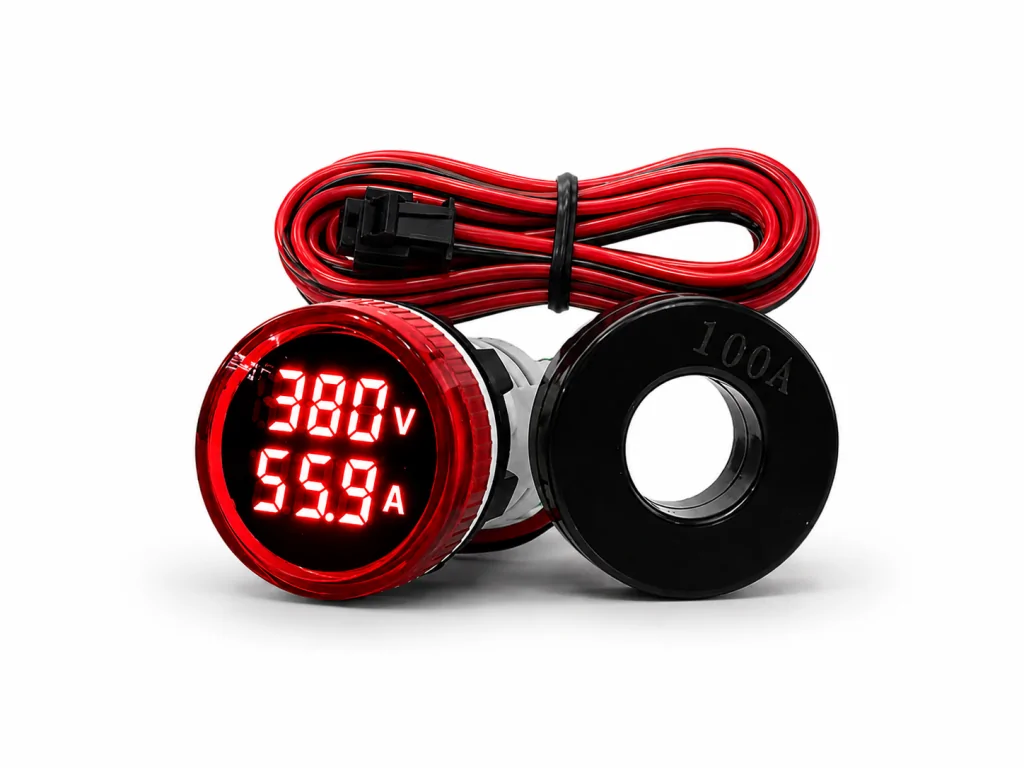 Sinaleiro Amperímetro e Voltímetro Digital PL-SVA Vermelho 22mm 50Vca A 500Vca com TC de 0,5 a 100A