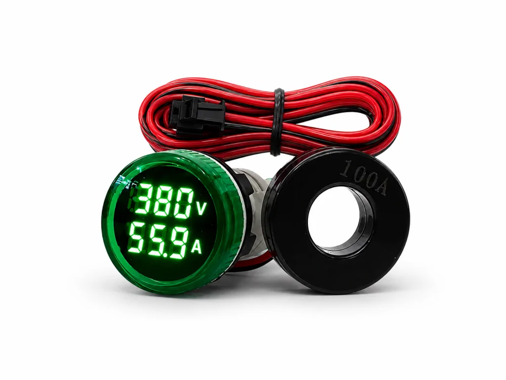 Sinaleiro Amperímetro e Voltímetro Digital PL-SVA Verde 22mm 50Vca A 500Vca com TC de 0,5 a 100A