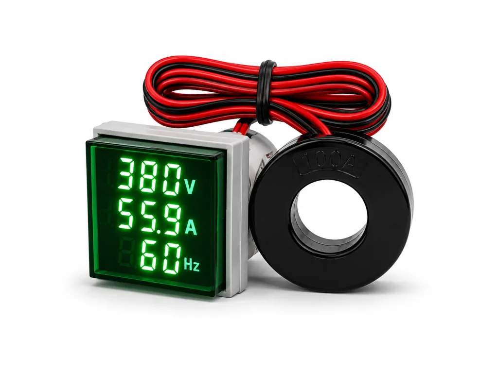 Sinaleiro Amperímetro, Voltímetro e Frequencímetro PL-SVAH – LED Verde, 50-500VCA, 0-100A, 0-99Hz