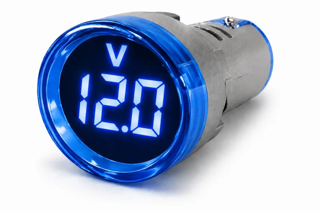 Sinaleiro Voltímetro Digital PL-SV Azul – 5-60VCC, LED 22mm, 3 Dígitos